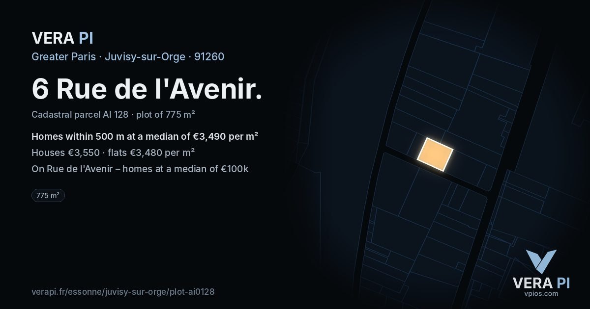 6 Rue de l'Avenir, Juvisy-sur-Orge at night – the plot lit, the parcels around coloured by the prices near them