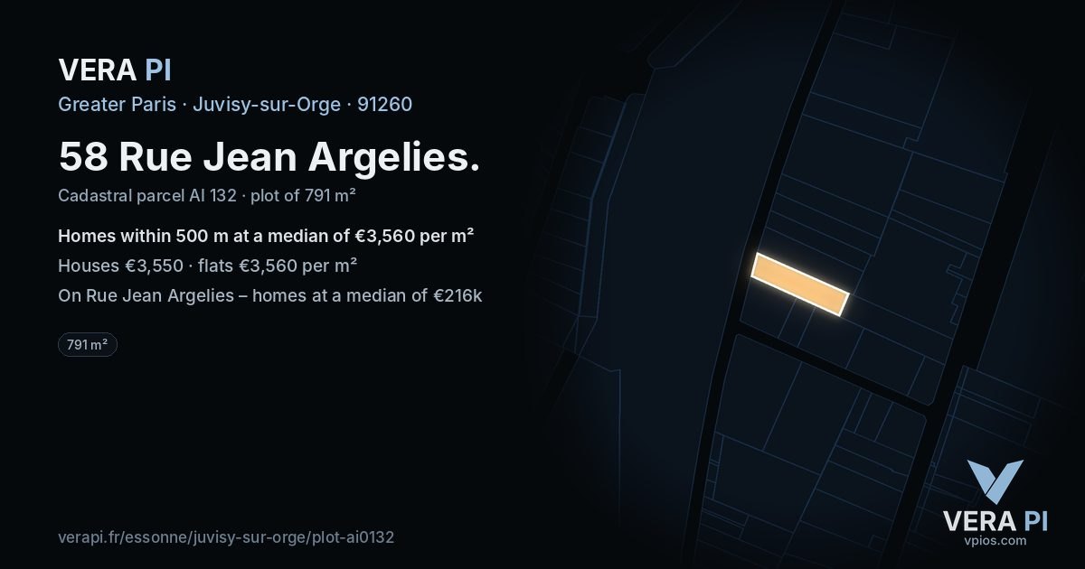 58 Rue Jean Argelies, Juvisy-sur-Orge at night – the plot lit, the parcels around coloured by the prices near them