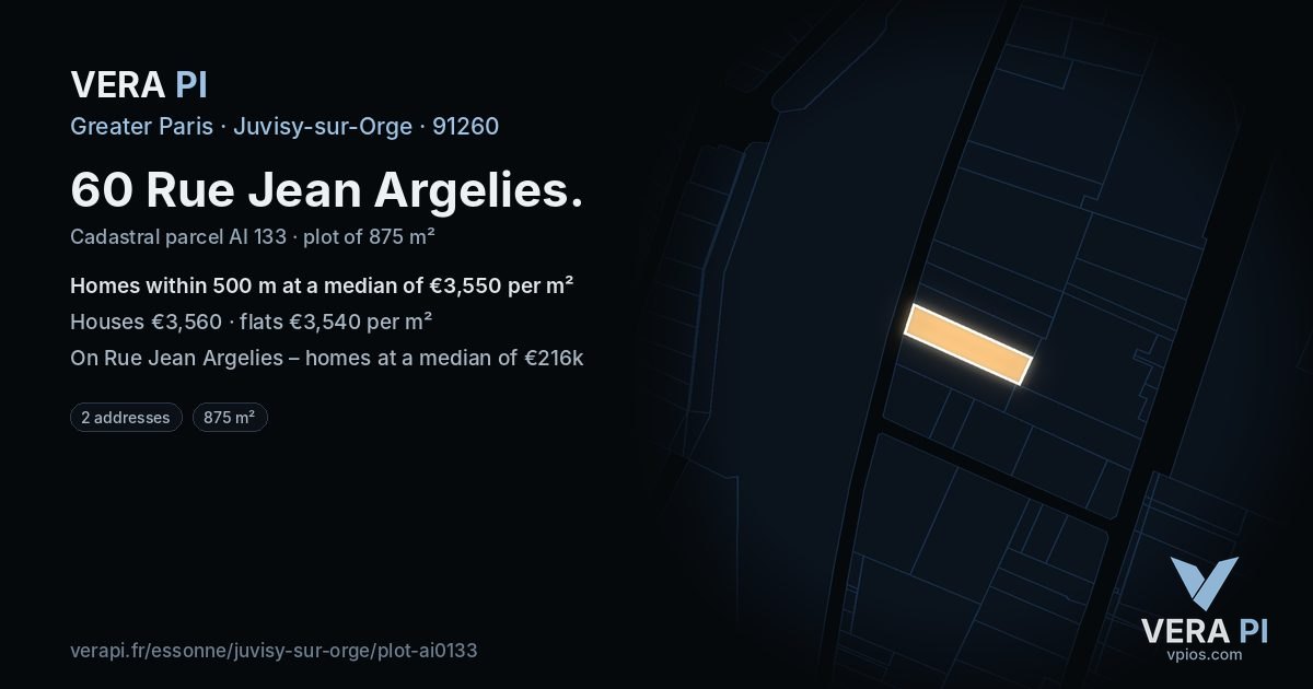 60 Rue Jean Argelies, Juvisy-sur-Orge at night – the plot lit, the parcels around coloured by the prices near them