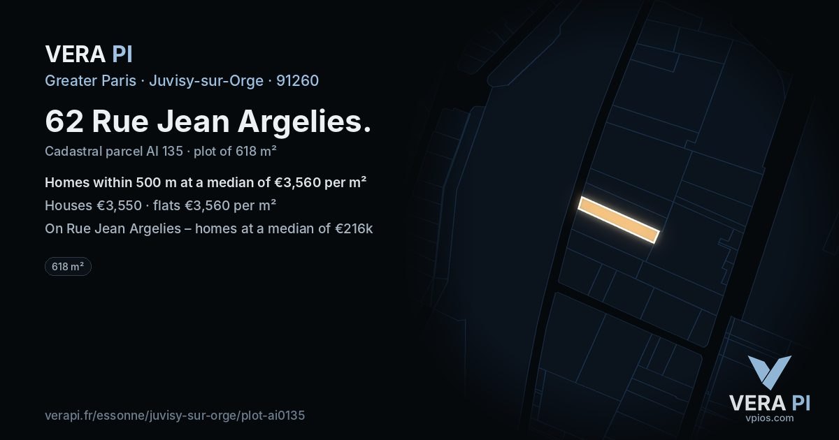 62 Rue Jean Argelies, Juvisy-sur-Orge at night – the plot lit, the parcels around coloured by the prices near them
