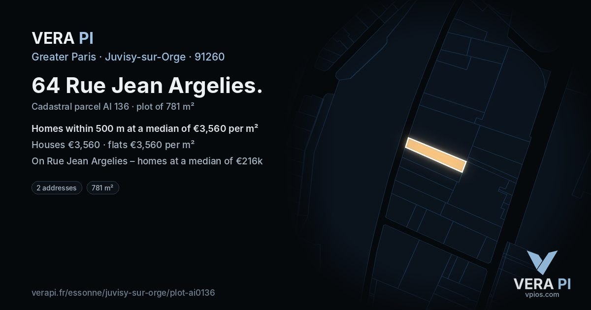 64 Rue Jean Argelies, Juvisy-sur-Orge at night – the plot lit, the parcels around coloured by the prices near them