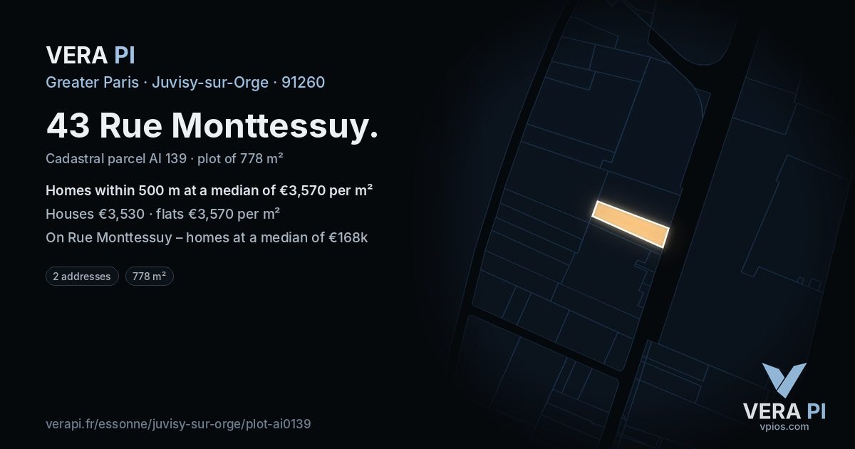 43 Rue Monttessuy, Juvisy-sur-Orge at night – the plot lit, the parcels around coloured by the prices near them