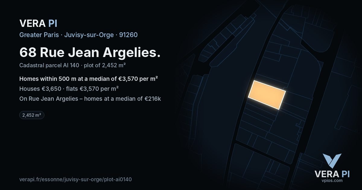 68 Rue Jean Argelies, Juvisy-sur-Orge at night – the plot lit, the parcels around coloured by the prices near them