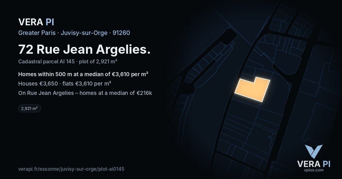 72 Rue Jean Argelies, Juvisy-sur-Orge at night – the plot lit, the parcels around coloured by the prices near them