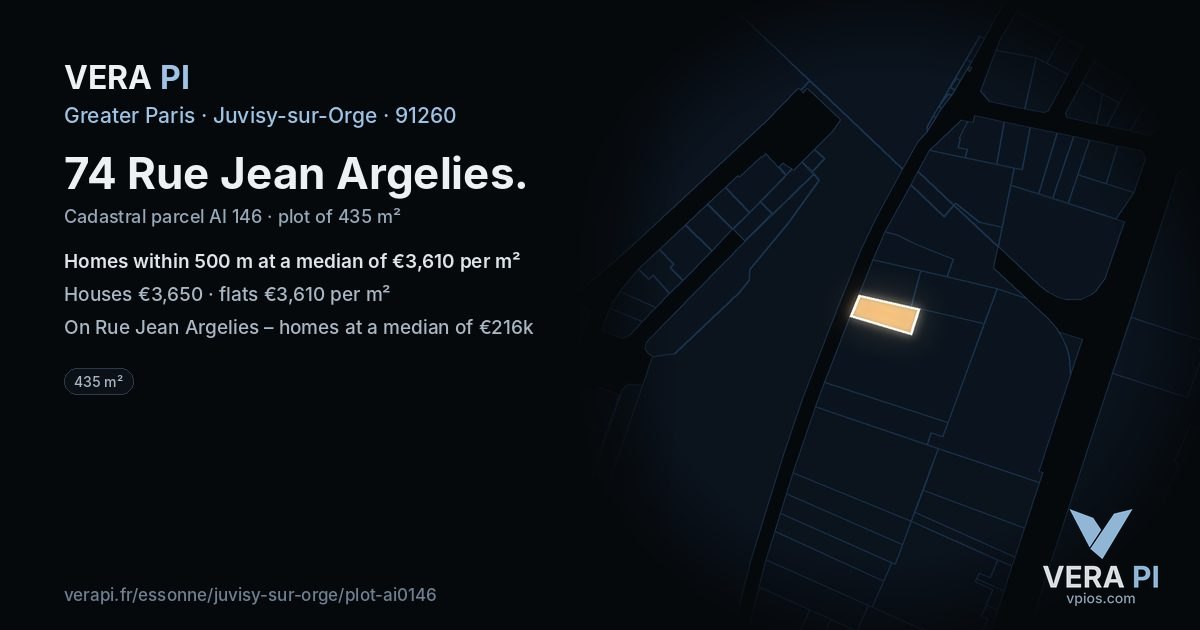 74 Rue Jean Argelies, Juvisy-sur-Orge at night – the plot lit, the parcels around coloured by the prices near them