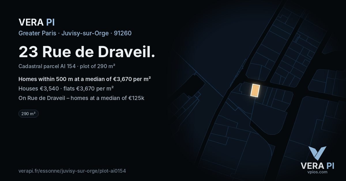23 Rue de Draveil, Juvisy-sur-Orge at night – the plot lit, the parcels around coloured by the prices near them