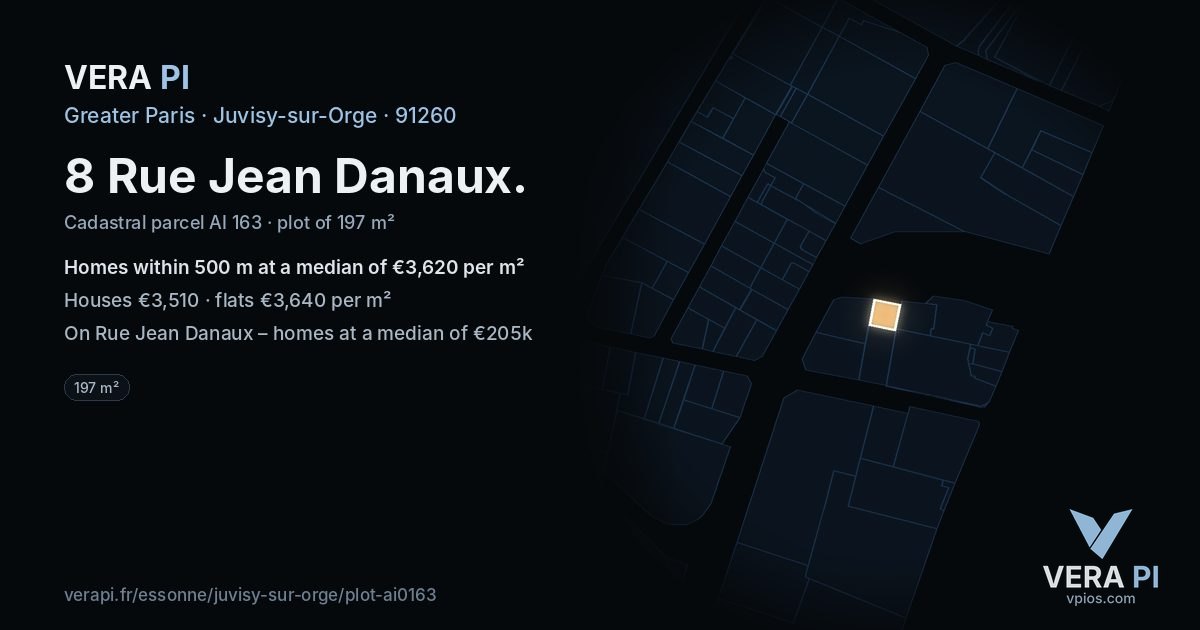 8 Rue Jean Danaux, Juvisy-sur-Orge at night – the plot lit, the parcels around coloured by the prices near them