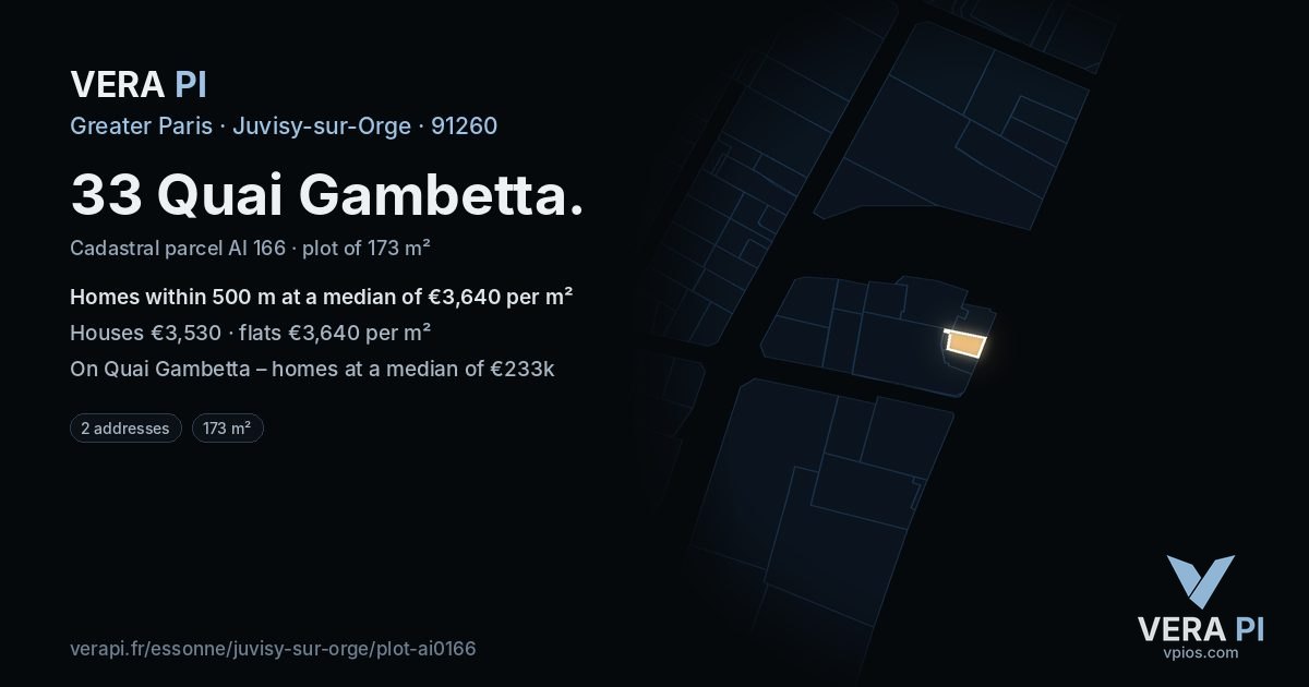 33 Quai Gambetta, Juvisy-sur-Orge at night – the plot lit, the parcels around coloured by the prices near them