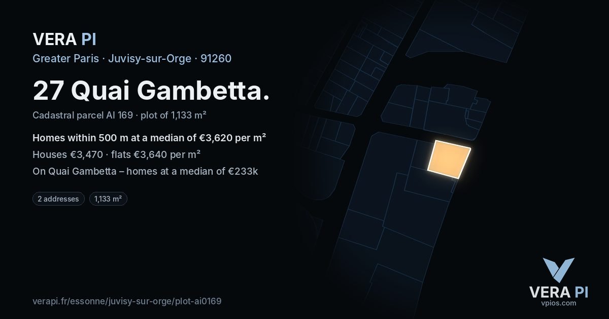 27 Quai Gambetta, Juvisy-sur-Orge at night – the plot lit, the parcels around coloured by the prices near them