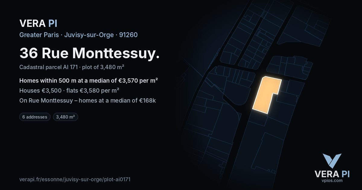 36 Rue Monttessuy, Juvisy-sur-Orge at night – the plot lit, the parcels around coloured by the prices near them