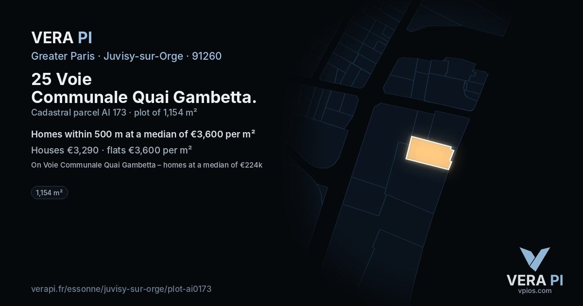 25 Voie Communale Quai Gambetta, Juvisy-sur-Orge at night – the plot lit, the parcels around coloured by the prices near them