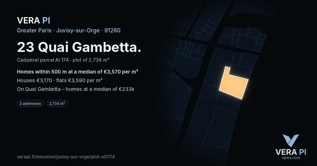 23 Quai Gambetta, Juvisy-sur-Orge at night – the plot lit, the parcels around coloured by the prices near them