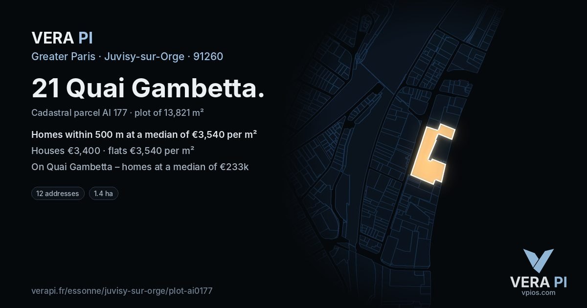 21 Quai Gambetta, Juvisy-sur-Orge at night – the plot lit, the parcels around coloured by the prices near them