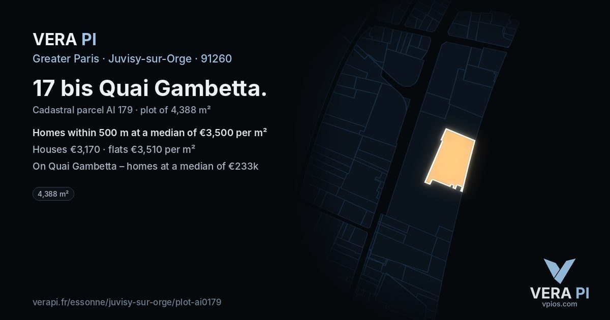 17 bis Quai Gambetta, Juvisy-sur-Orge at night – the plot lit, the parcels around coloured by the prices near them