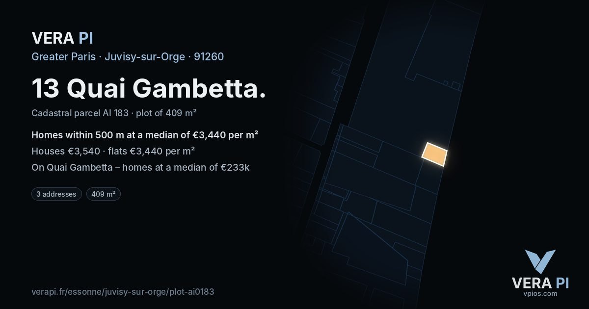 13 Quai Gambetta, Juvisy-sur-Orge at night – the plot lit, the parcels around coloured by the prices near them