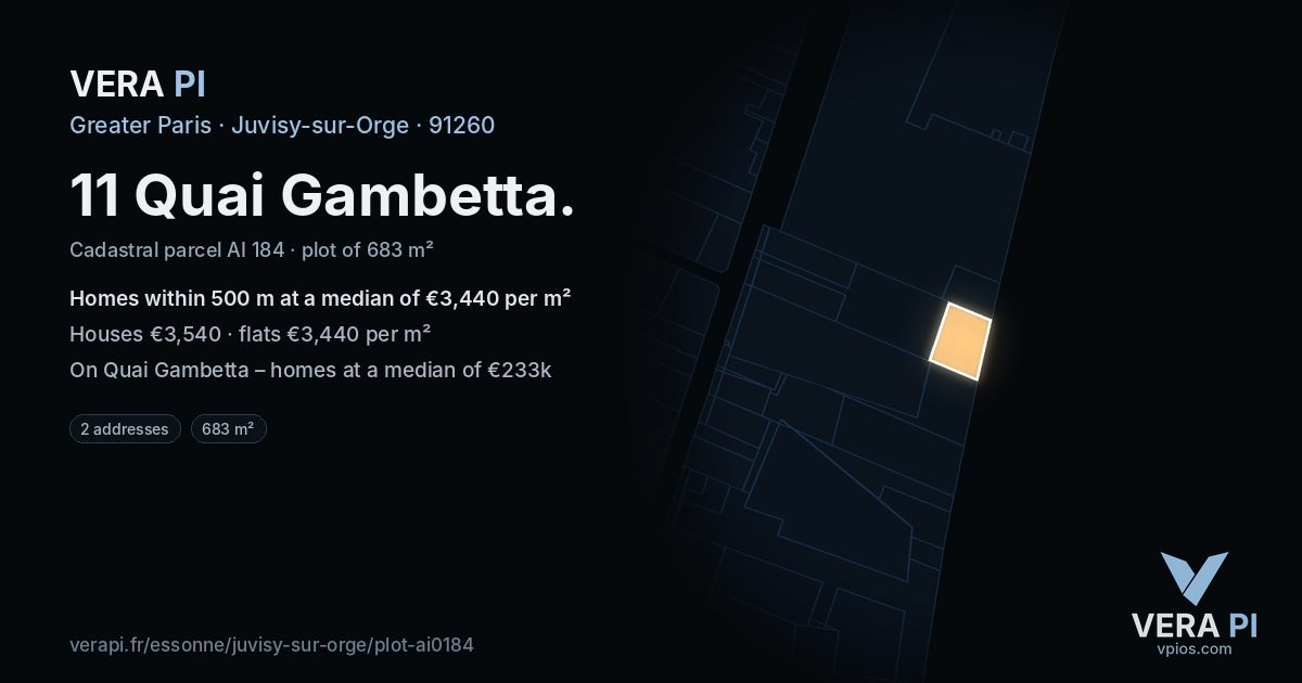 11 Quai Gambetta, Juvisy-sur-Orge at night – the plot lit, the parcels around coloured by the prices near them