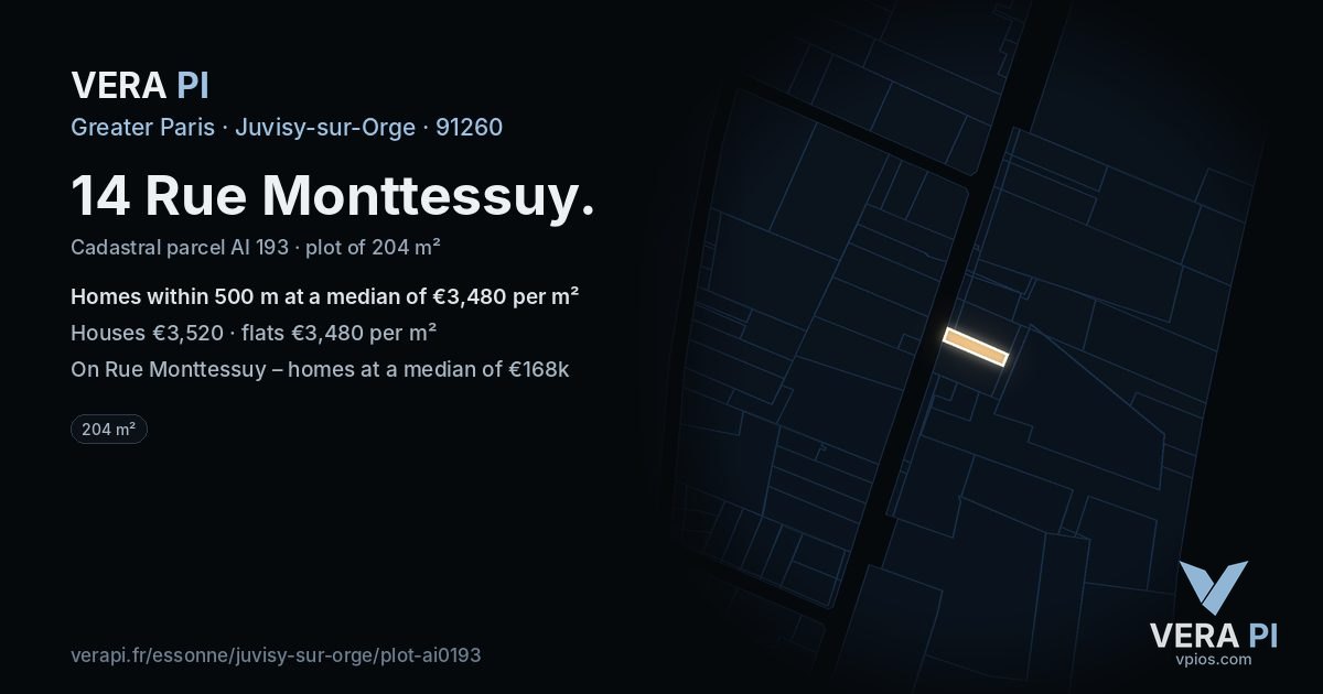 14 Rue Monttessuy, Juvisy-sur-Orge at night – the plot lit, the parcels around coloured by the prices near them