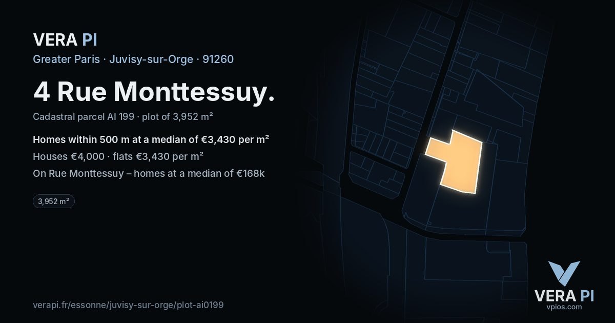 4 Rue Monttessuy, Juvisy-sur-Orge at night – the plot lit, the parcels around coloured by the prices near them