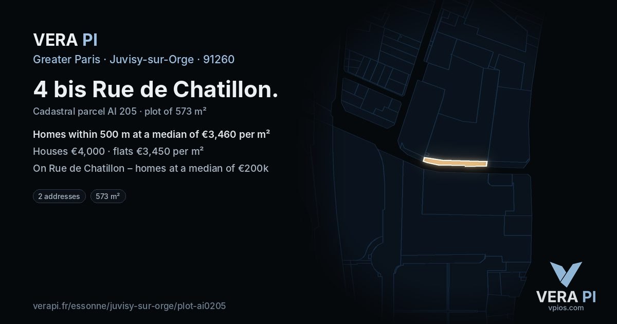 4 bis Rue de Chatillon, Juvisy-sur-Orge at night – the plot lit, the parcels around coloured by the prices near them