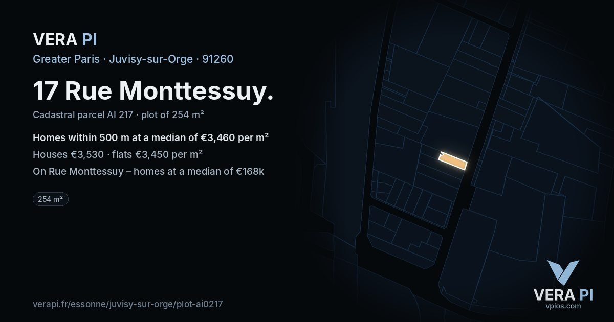 17 Rue Monttessuy, Juvisy-sur-Orge at night – the plot lit, the parcels around coloured by the prices near them