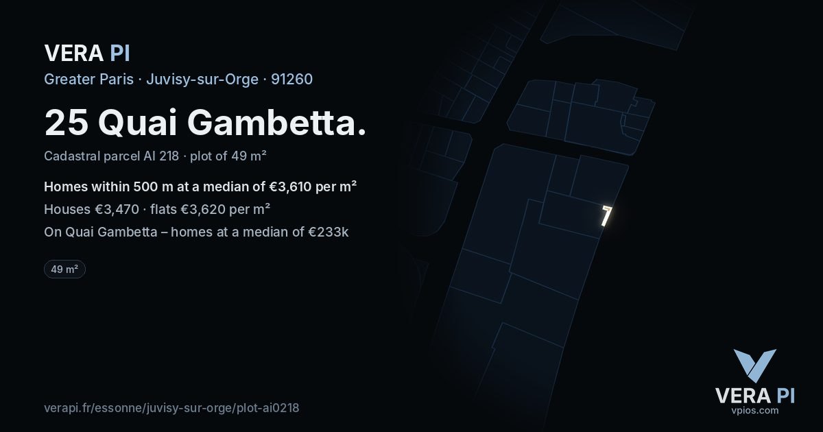25 Quai Gambetta, Juvisy-sur-Orge at night – the plot lit, the parcels around coloured by the prices near them