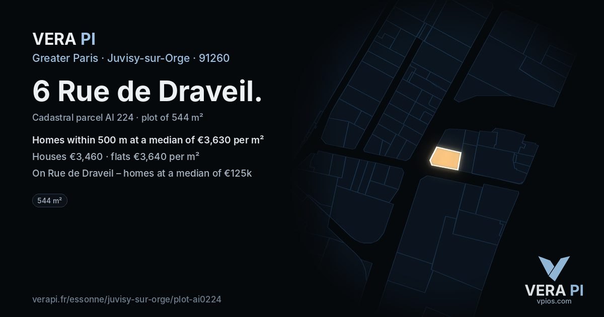 6 Rue de Draveil, Juvisy-sur-Orge at night – the plot lit, the parcels around coloured by the prices near them