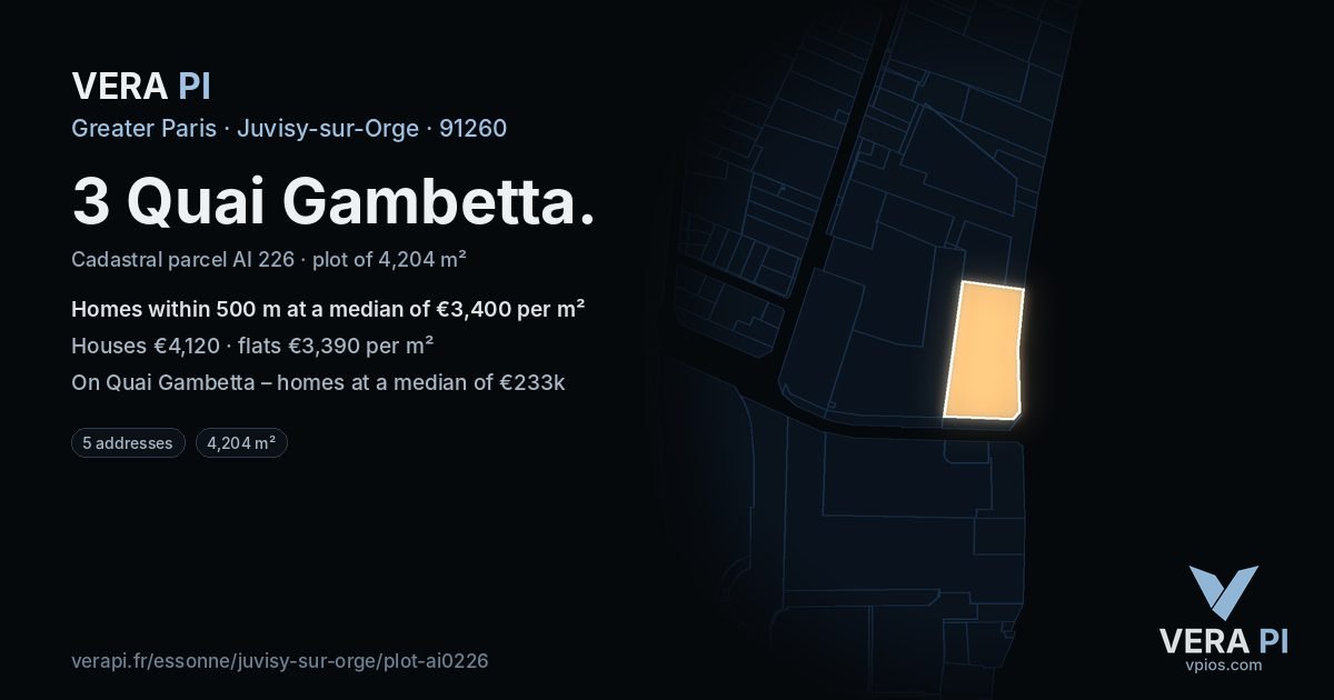 3 Quai Gambetta, Juvisy-sur-Orge at night – the plot lit, the parcels around coloured by the prices near them
