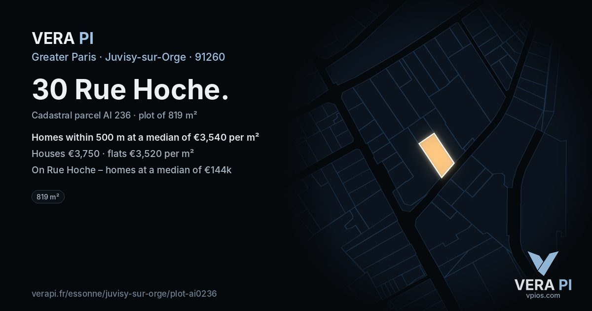 30 Rue Hoche, Juvisy-sur-Orge at night – the plot lit, the parcels around coloured by the prices near them