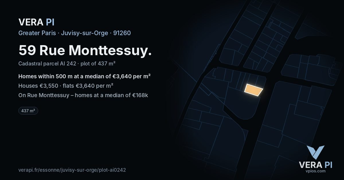 59 Rue Monttessuy, Juvisy-sur-Orge at night – the plot lit, the parcels around coloured by the prices near them