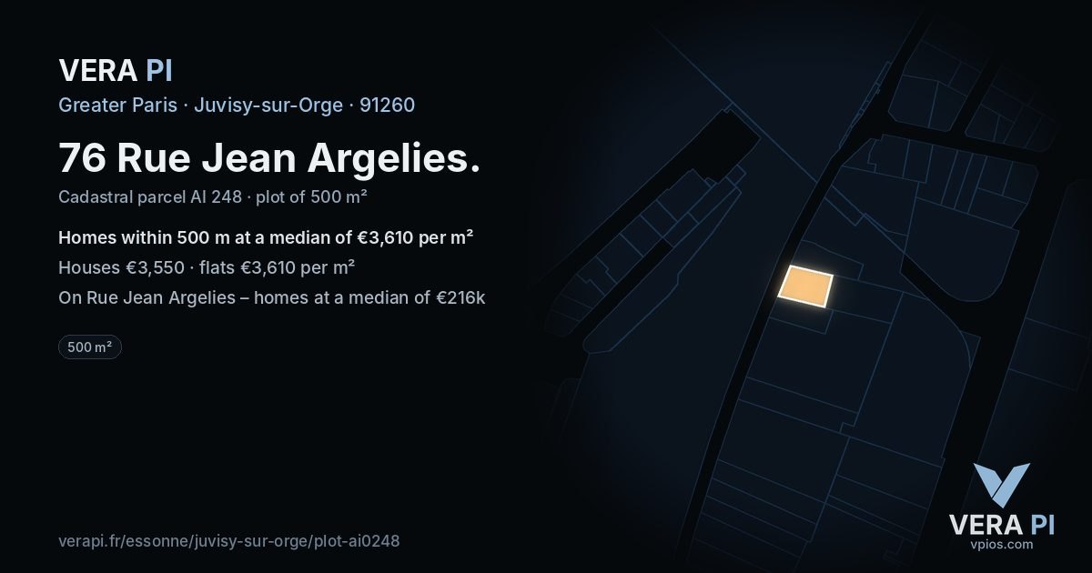 76 Rue Jean Argelies, Juvisy-sur-Orge at night – the plot lit, the parcels around coloured by the prices near them