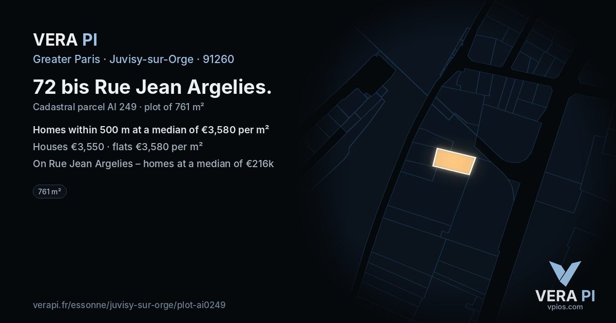 72 bis Rue Jean Argelies, Juvisy-sur-Orge at night – the plot lit, the parcels around coloured by the prices near them