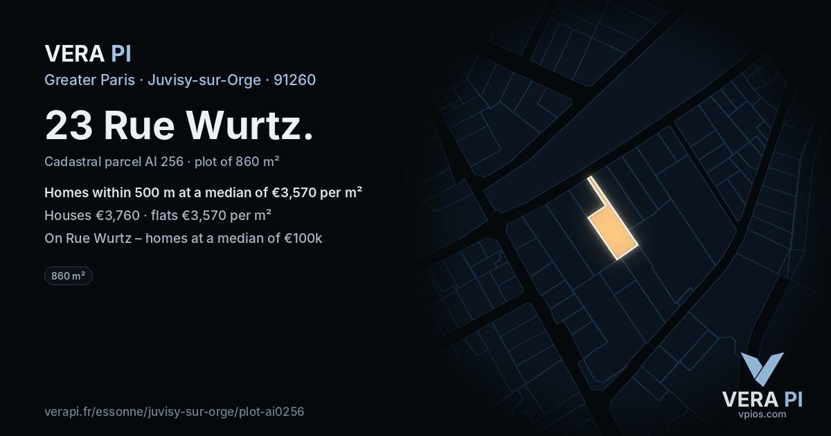 23 Rue Wurtz, Juvisy-sur-Orge at night – the plot lit, the parcels around coloured by the prices near them