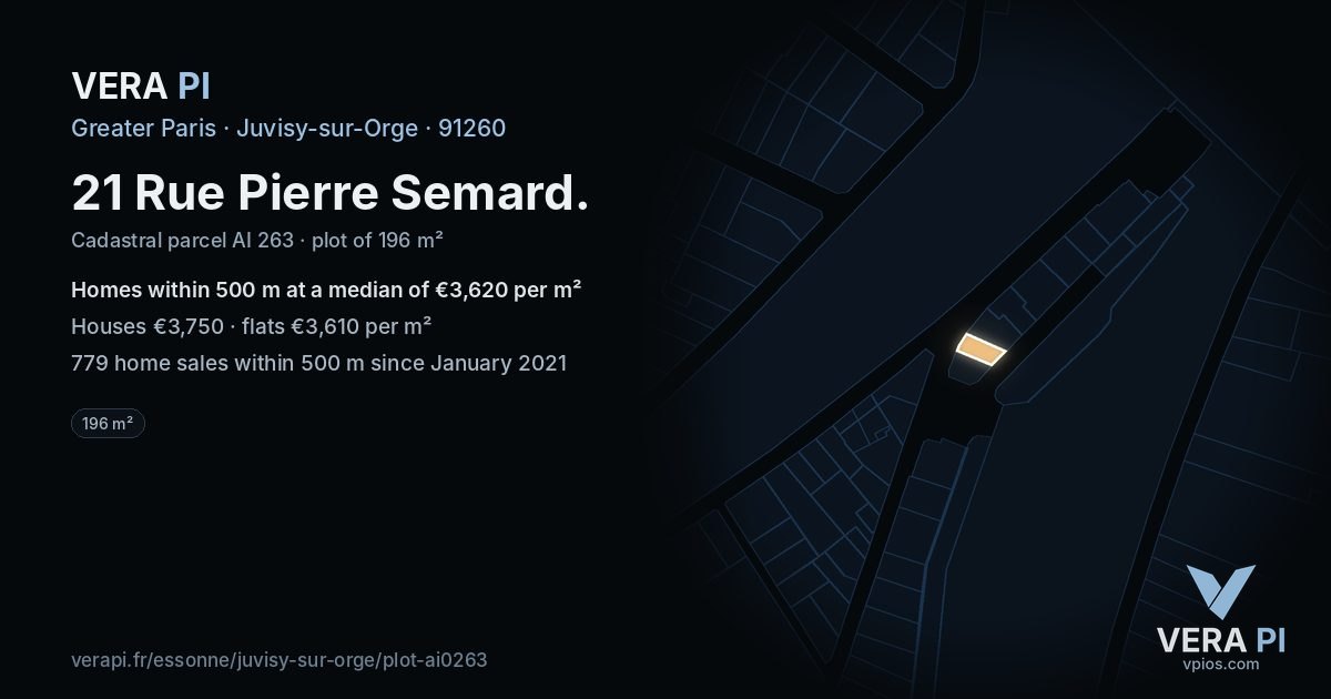 21 Rue Pierre Semard, Juvisy-sur-Orge at night – the plot lit, the parcels around coloured by the prices near them