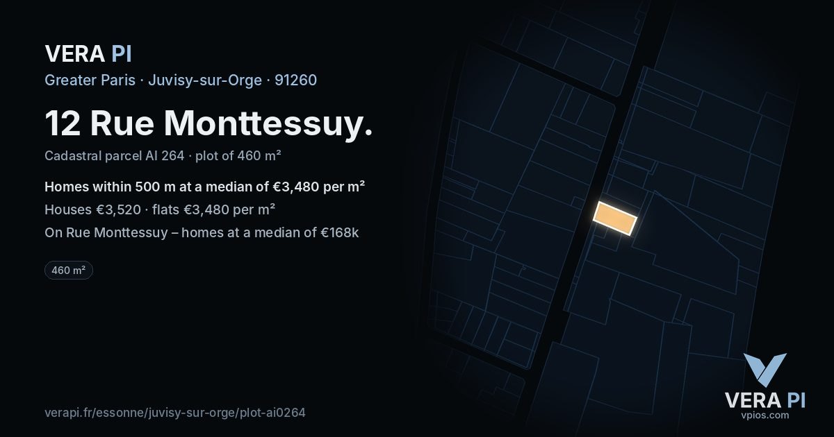 12 Rue Monttessuy, Juvisy-sur-Orge at night – the plot lit, the parcels around coloured by the prices near them