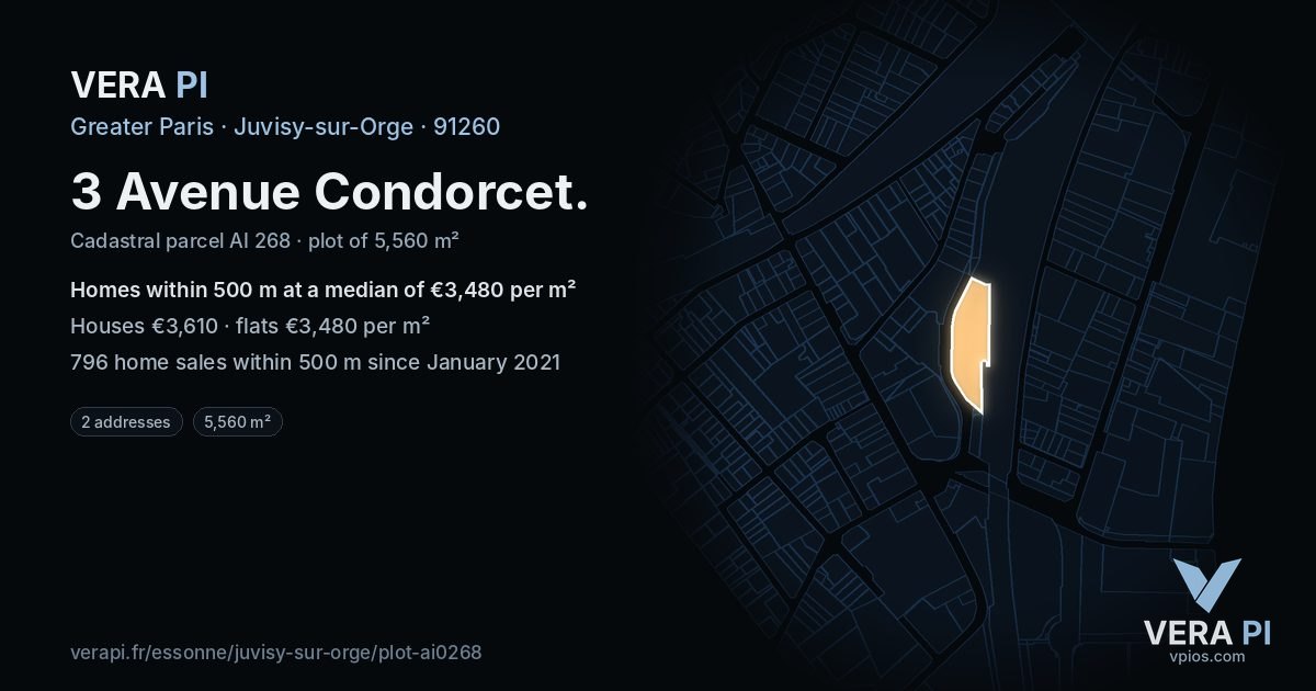3 Avenue Condorcet, Juvisy-sur-Orge at night – the plot lit, the parcels around coloured by the prices near them