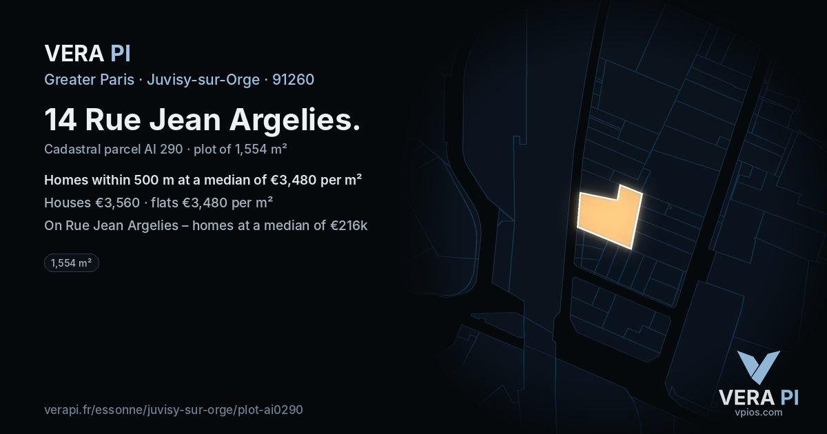14 Rue Jean Argelies, Juvisy-sur-Orge at night – the plot lit, the parcels around coloured by the prices near them