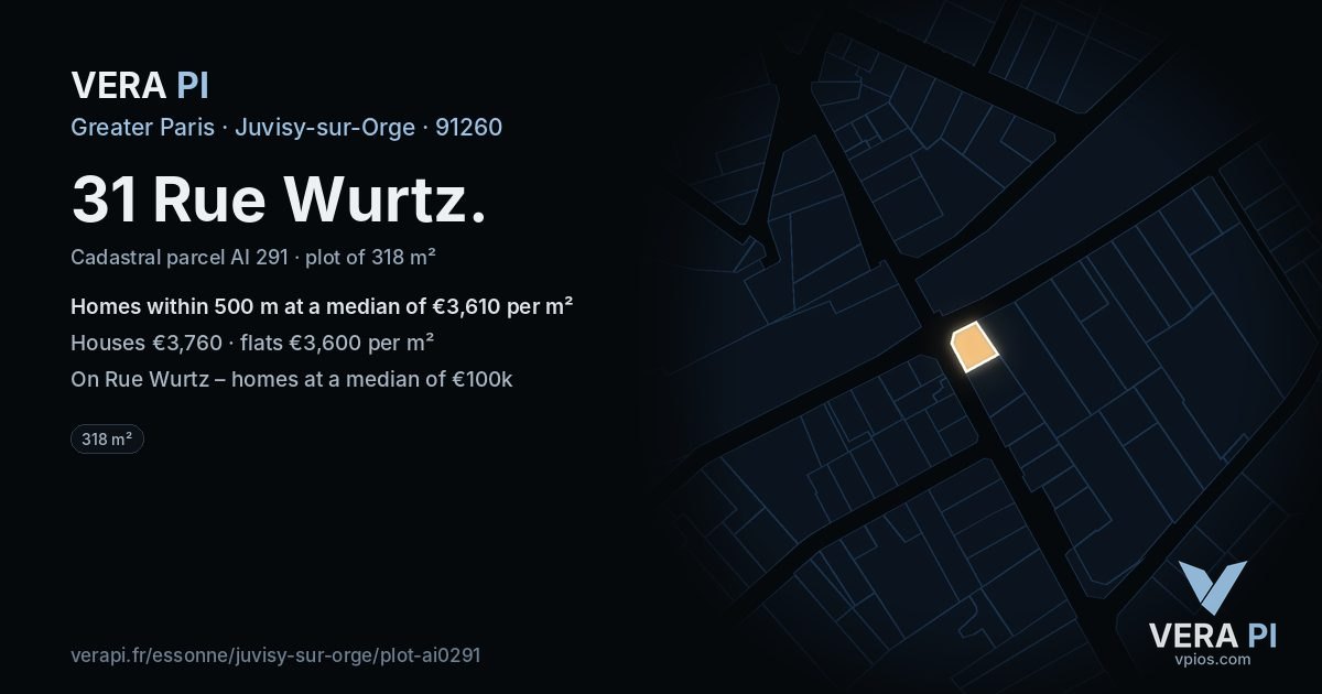 31 Rue Wurtz, Juvisy-sur-Orge at night – the plot lit, the parcels around coloured by the prices near them