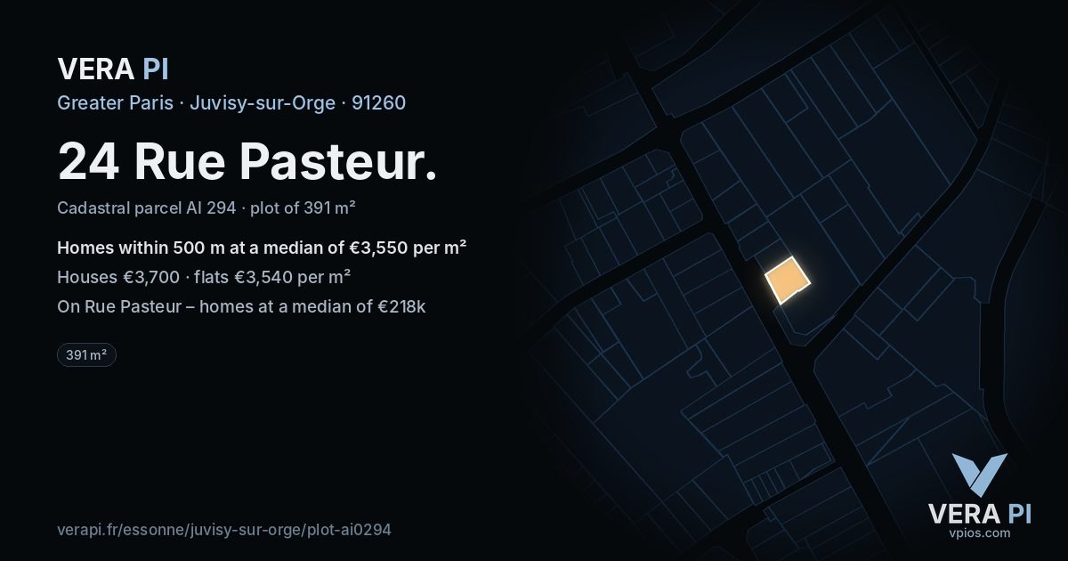 24 Rue Pasteur, Juvisy-sur-Orge at night – the plot lit, the parcels around coloured by the prices near them