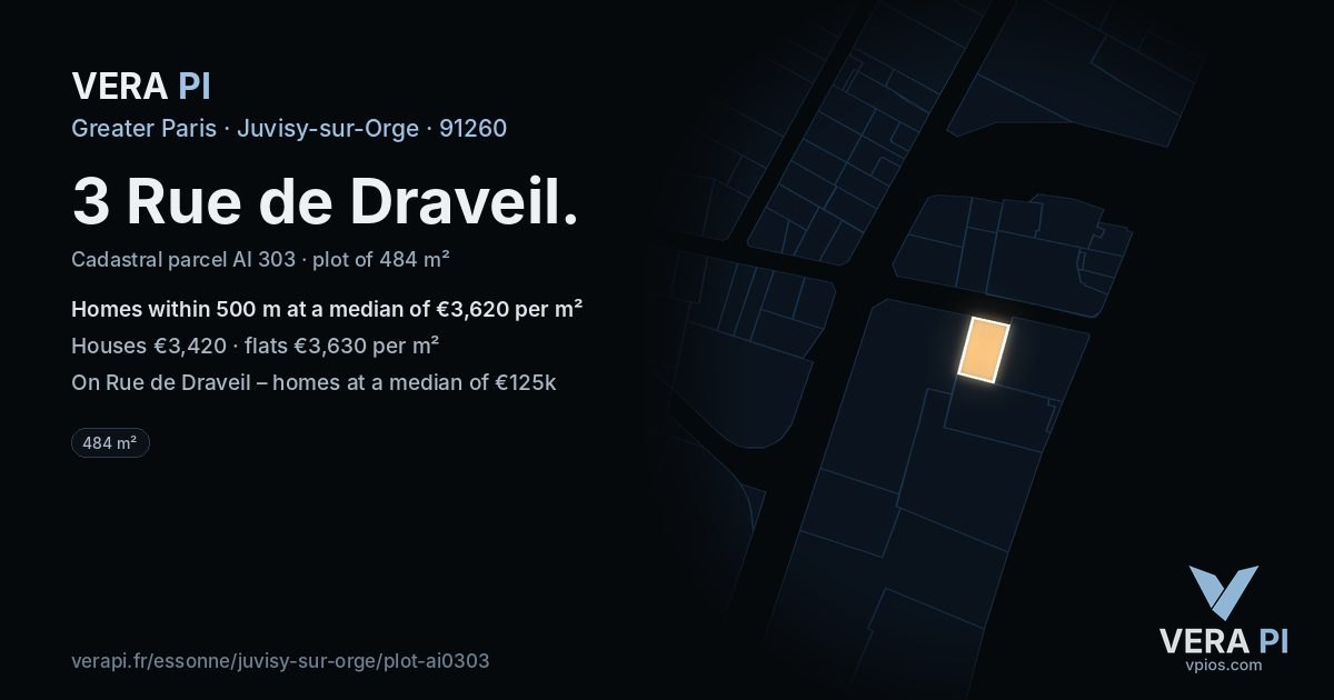 3 Rue de Draveil, Juvisy-sur-Orge at night – the plot lit, the parcels around coloured by the prices near them