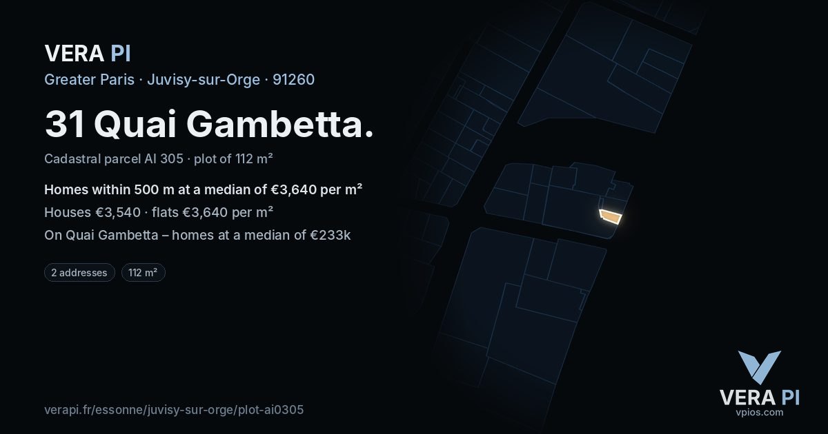 31 Quai Gambetta, Juvisy-sur-Orge at night – the plot lit, the parcels around coloured by the prices near them