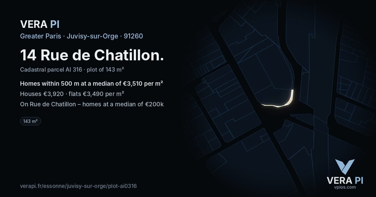 14 Rue de Chatillon, Juvisy-sur-Orge at night – the plot lit, the parcels around coloured by the prices near them