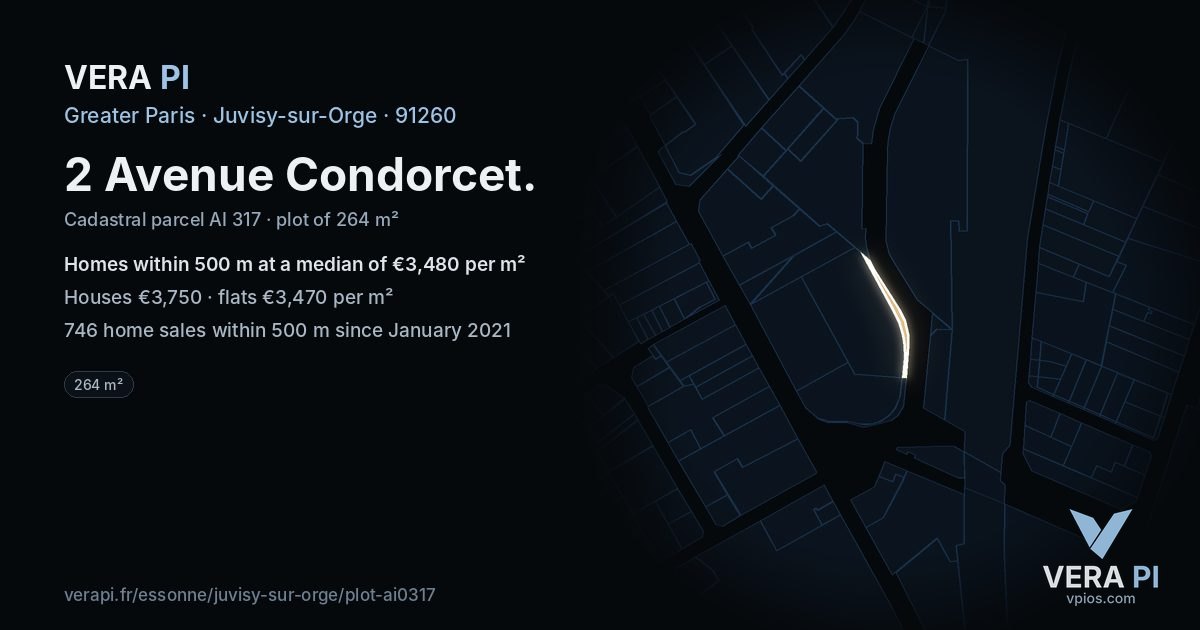 2 Avenue Condorcet, Juvisy-sur-Orge at night – the plot lit, the parcels around coloured by the prices near them