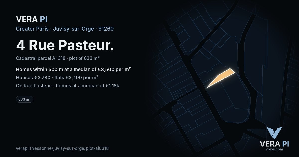 4 Rue Pasteur, Juvisy-sur-Orge at night – the plot lit, the parcels around coloured by the prices near them