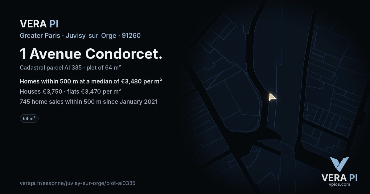 1 Avenue Condorcet, Juvisy-sur-Orge at night – the plot lit, the parcels around coloured by the prices near them