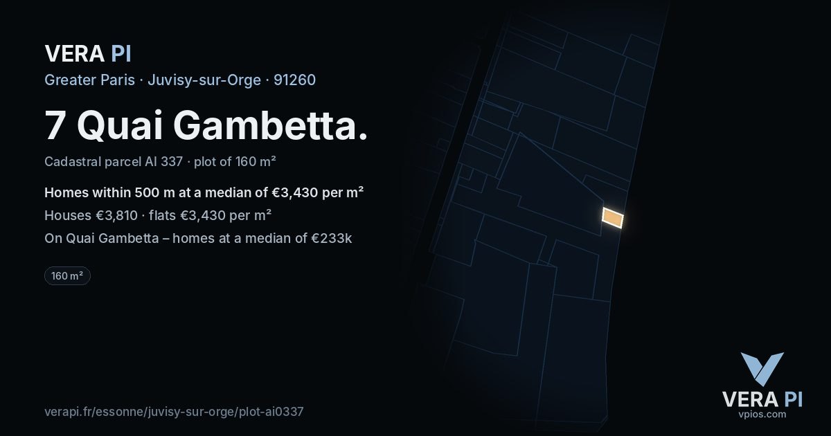 7 Quai Gambetta, Juvisy-sur-Orge at night – the plot lit, the parcels around coloured by the prices near them