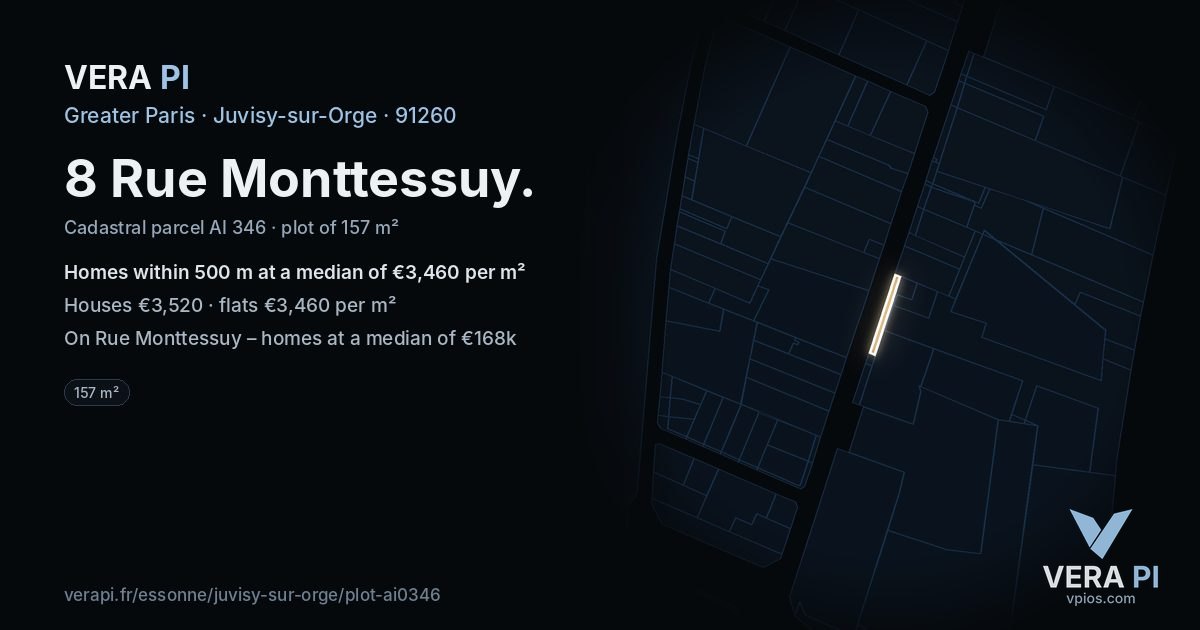 8 Rue Monttessuy, Juvisy-sur-Orge at night – the plot lit, the parcels around coloured by the prices near them