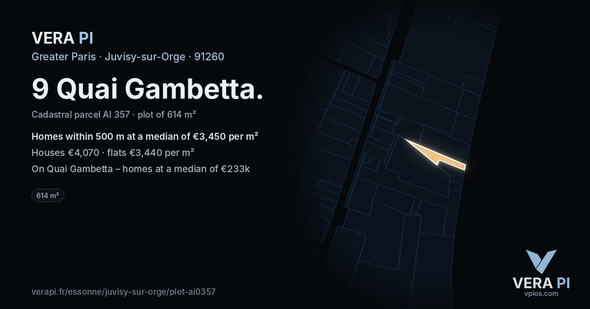 9 Quai Gambetta, Juvisy-sur-Orge at night – the plot lit, the parcels around coloured by the prices near them