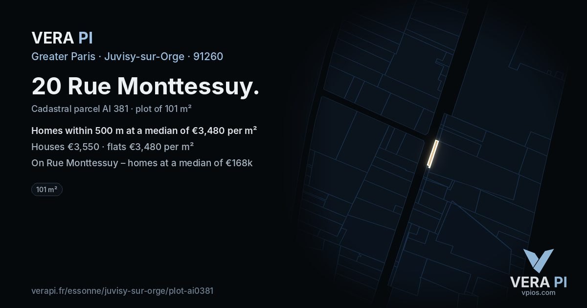 20 Rue Monttessuy, Juvisy-sur-Orge at night – the plot lit, the parcels around coloured by the prices near them