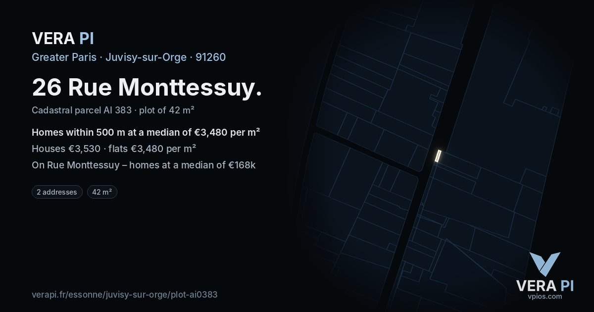 26 Rue Monttessuy, Juvisy-sur-Orge at night – the plot lit, the parcels around coloured by the prices near them