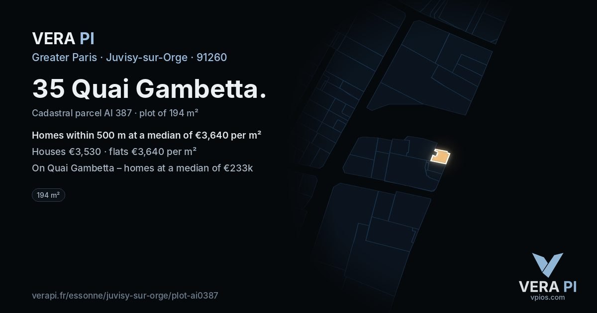 35 Quai Gambetta, Juvisy-sur-Orge at night – the plot lit, the parcels around coloured by the prices near them